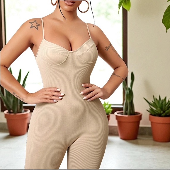 New 2 PIECE Apricot Rib-Knit Form Fitting Cami Jumpsuit With Long Cardigan - Picture 12 of 16